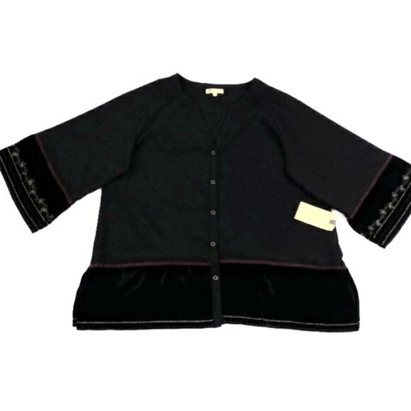 Democracy Black Button Front 3/4 Sleeve Mixed Media Embroidered Top Womens L NWT - Picture 8 of 10